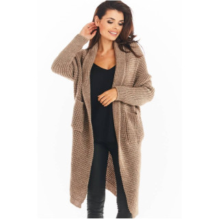 Hosszú női kardigán bézs színben, gombok nélkül