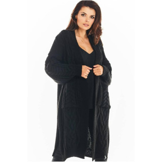 Meleg, női kardigán, fekete színben, fonat mintával