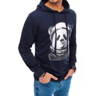 Kék divatos férfi pulóver kapucnival és mintával