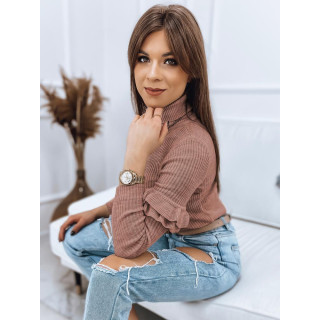 Rózsaszín, női bordás szvetter, ujjain fodrokkal