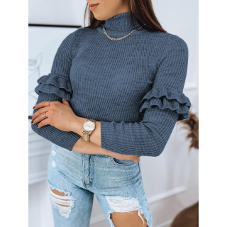 Kék színű, női bordás szvetter, ujjain fodrokkal