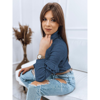 Kék színű, női bordás szvetter, ujjain fodrokkal