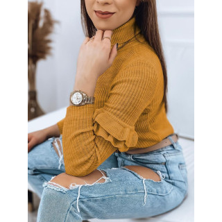 Mustár színű, női bordás szvetter, ujjain fodrokkal