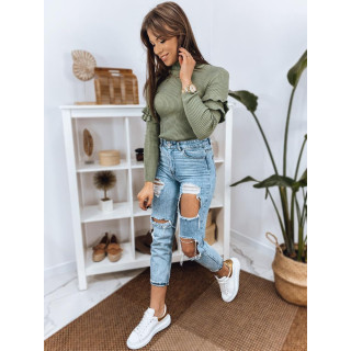 Zöld színű, női bordás szvetter, ujjain fodrokkal