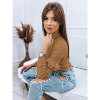 Barna színű, női bordás szvetter, ujjain fodrokkal