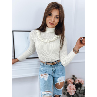 Női bordás szvetter dekoratív fodorral, fehér színben
