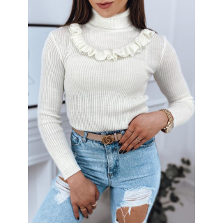 Női bordás szvetter dekoratív fodorral, fehér színben