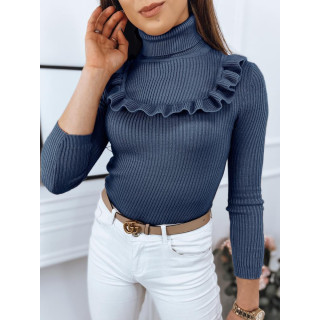 Női bordás szvetter dekoratív fodorral, kék színben