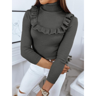 Női bordás szvetter dekoratív fodorral, sötétszürke színben