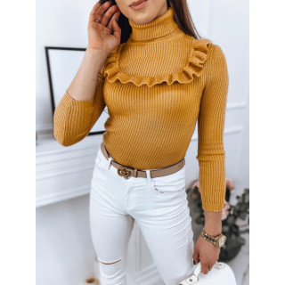 Sárga, női bordás szvetter dekoratív fodorral