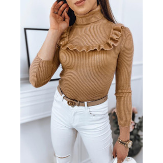 Női bordás szvetterek dekoratív fodorral, barna színben