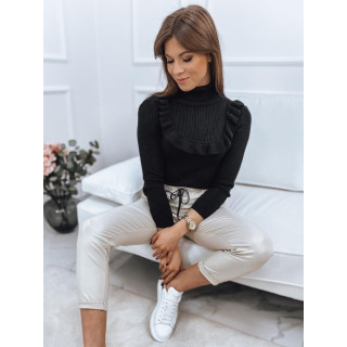 Fekete színű női bordás szvetter dekoratív fodorral