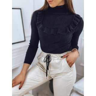 Bordás női szvetter dekoratív fodorral, sötétkék színben