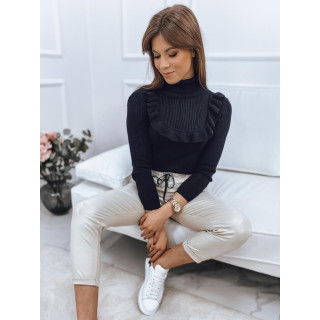 Bordás női szvetter dekoratív fodorral, sötétkék színben