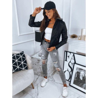 Női fekete bőrdzseki kapucnival