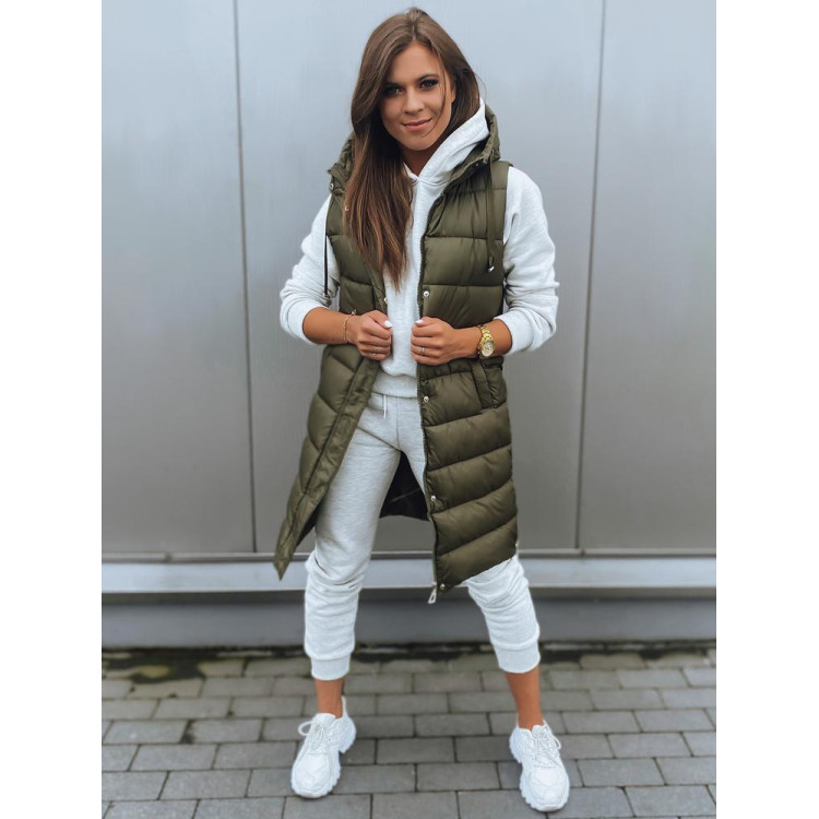 Hosszú, steppelt mellény, sötétzöld színben