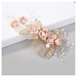 Esküvői hajtű, rózsaszín virágokkal