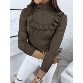 Női bordás szvetter dekoratív fodorral sötétbarna színben