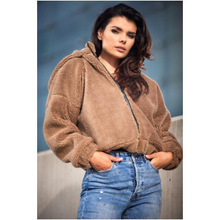 Meleg, női kabát kapucnival, barna színben