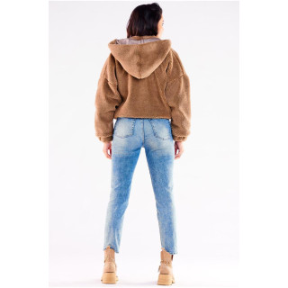 Meleg, női kabát kapucnival, barna színben