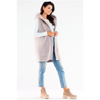 Meleg, bézs színű mellény, kapucnival