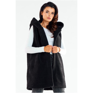 Meleg, fekete színű mellény, kapucnival
