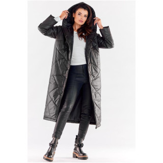 Fekete, hosszú steppelt kabát, hölgyeknek