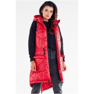 Piros, hosszú steppelt mellény