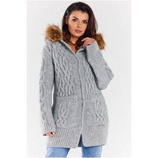 Vastag kardigán, szürke színben, kapucnival