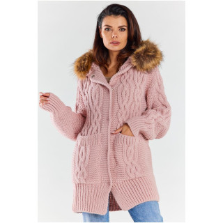 Vastag kardigán, rózsaszín színben, kapucnival