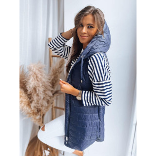 Sötétkék, steppelt női mellény, kapucnival