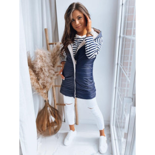 Sötétkék, steppelt női mellény, kapucnival