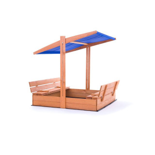 Fából készült homokozó, kék tetővel - 120x120 cm