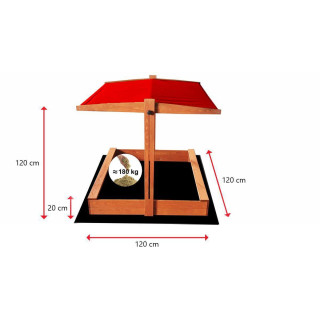 Fa homokozó, piros tetővel - 120x120 cm