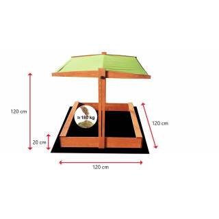 Fa homokozó, zöld tetővel - 120x120 cm