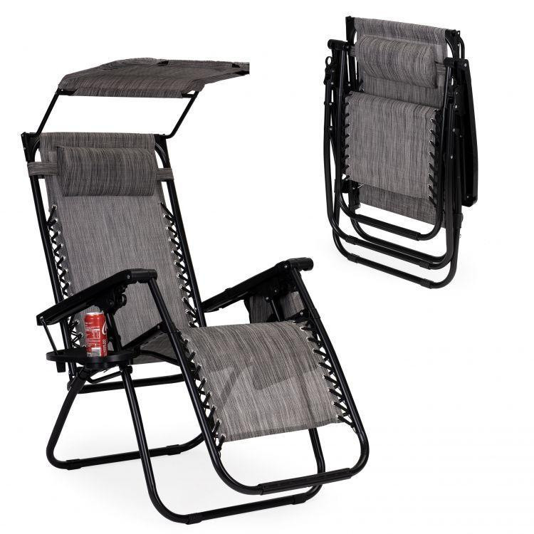 Szürke színű, kerti nyugágy, napellenzővel