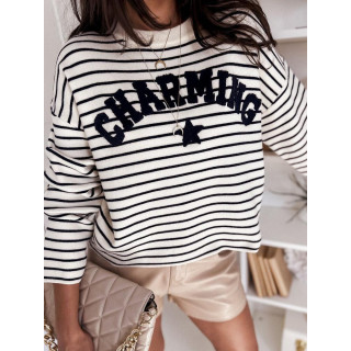 Csíkos női pulóver, rávarrt felirattal