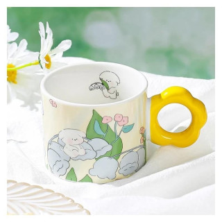 Sárga virágos bögre kanállal + dobozzal