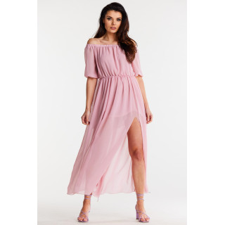 Rózsaszin hosszú sifon ruha hasított réssel