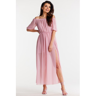 Rózsaszin hosszú sifon ruha hasított réssel