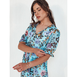 Virágos kék ruha húzózsinóros derékkal