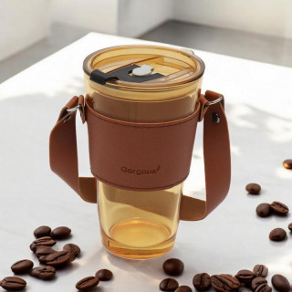 Barna üvegpohár szívószállal és fedéllel - 450 ml