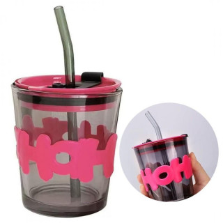 Üvegpohár szívószállal és fedéllel - 300 ml