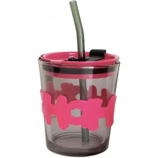 Üvegpohár szívószállal és fedéllel - 300 ml