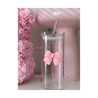 Téglalap alakú csésze masnival, fedéllel és szívószállal - 400 ml