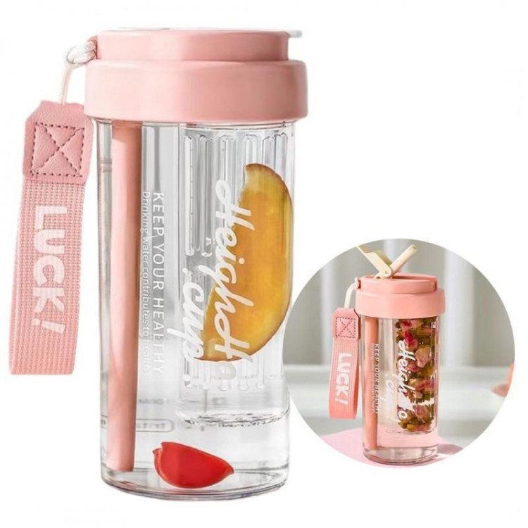 Rózsaszín kulacs kosárral és szívószállal - 600 ml