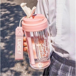 Rózsaszín kulacs kosárral és szívószállal - 600 ml