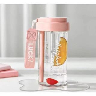 Rózsaszín kulacs kosárral és szívószállal - 600 ml