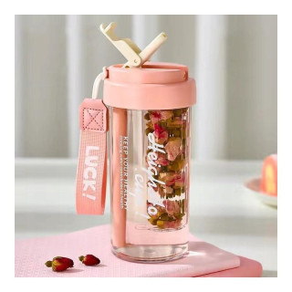 Rózsaszín kulacs kosárral és szívószállal - 600 ml