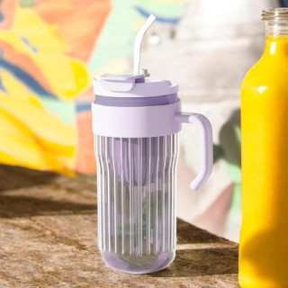 Lila bordás üvegpohár szűrővel és szívószállal - 550 ml